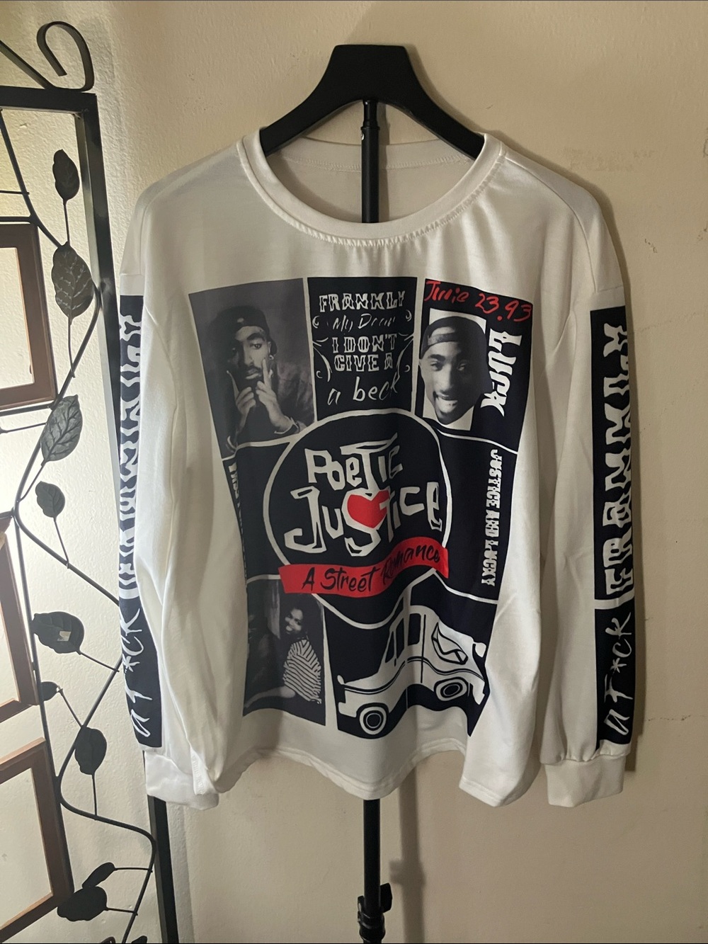 Graphic White Long Sleeve Tee with Black & Red Street Art Print